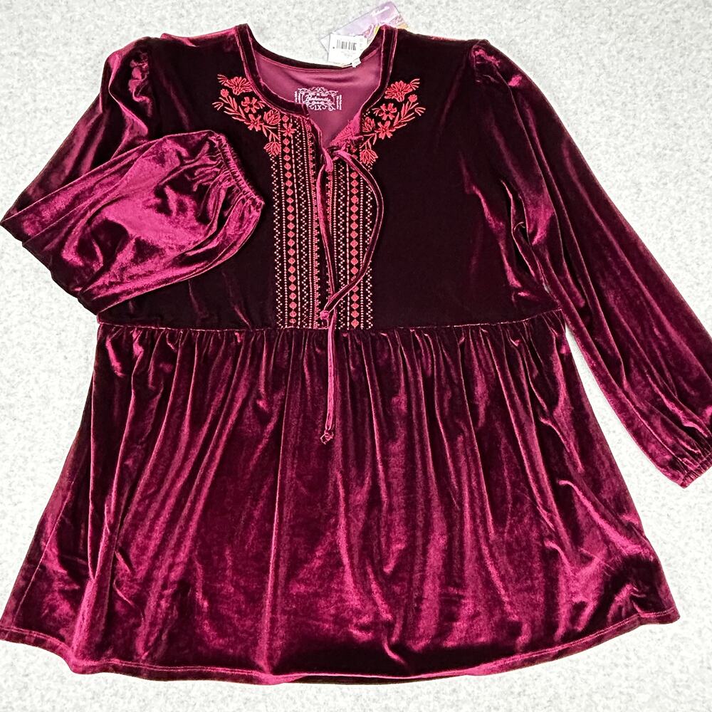 Panhandle Velvet Burgundy Top Women 1X Embroidered NEW Babydoll Fairy Whimsygoth